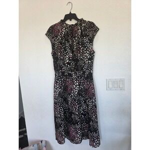 Banana Republic Pink Black Abstract Petal Print Ruffle Neck Midi Dress Sleeveles